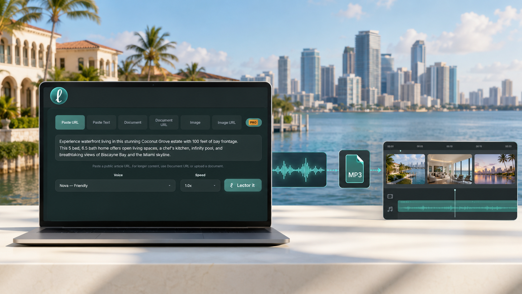 Lector Web Player creating a real estate video voiceover with Miami waterfront homes and skyline in the background