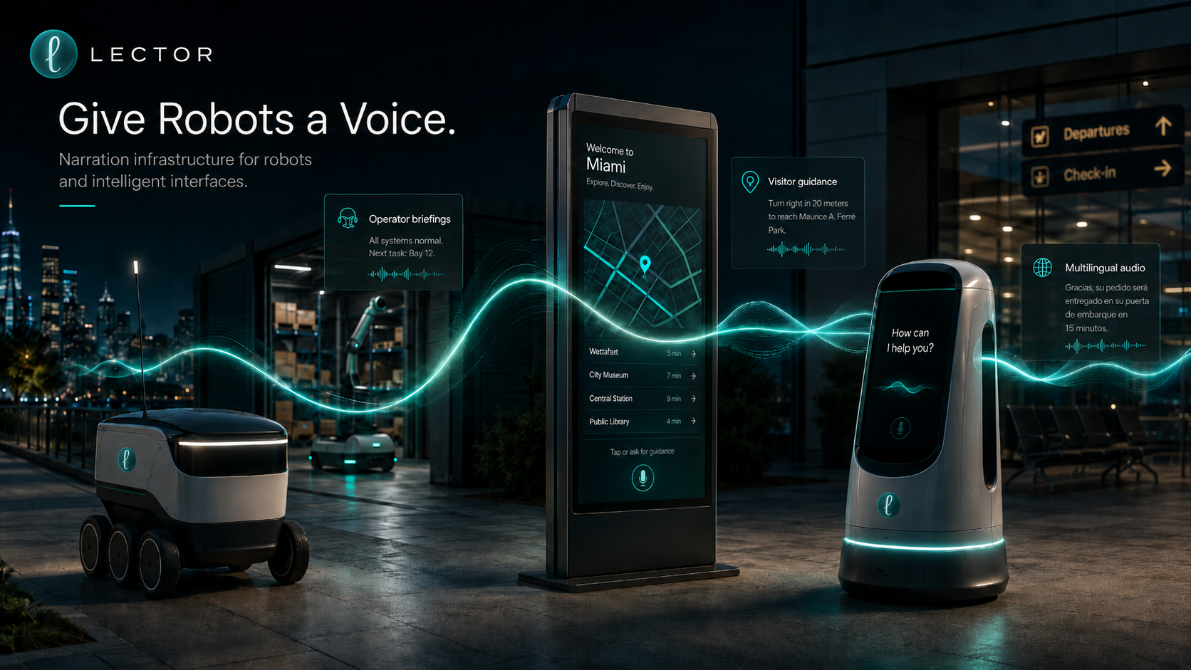 Lector visual showing robots and intelligent interfaces connected through audio narration